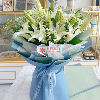 广元8支白色多头百合洋甘菊，互倾的思念